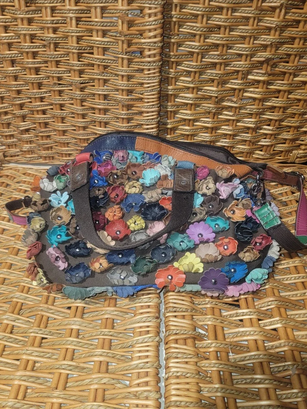Leather Flowers Multicolor Fall Medium Hobo Y2K Handbag Applique pp5900